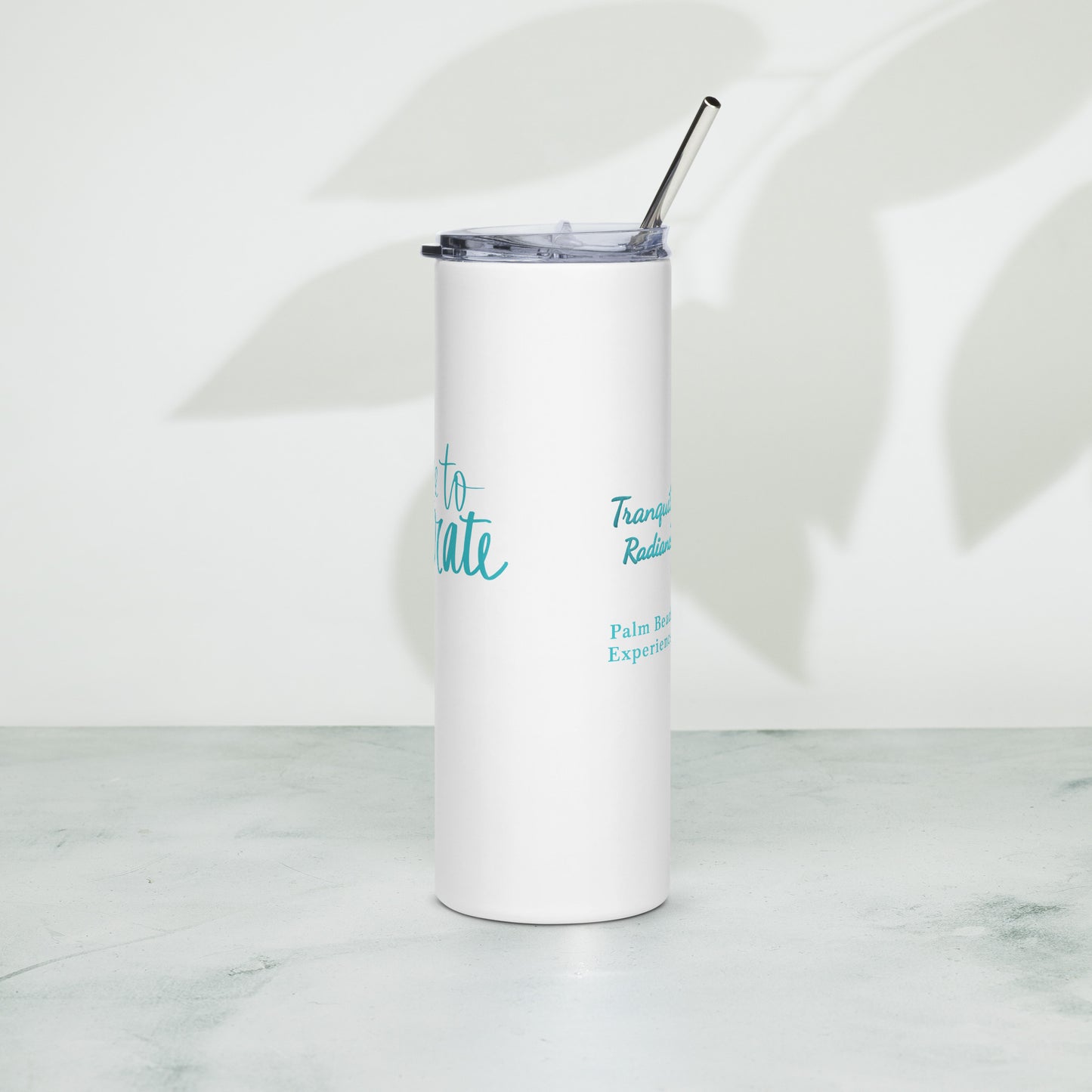 White stainless steel tumbler with the Tranquil Radiance Spa logo on it with the words Palm Beach Gardens, FL - Experience Tranquility. On the other side it says "It's Time To Hydrate".