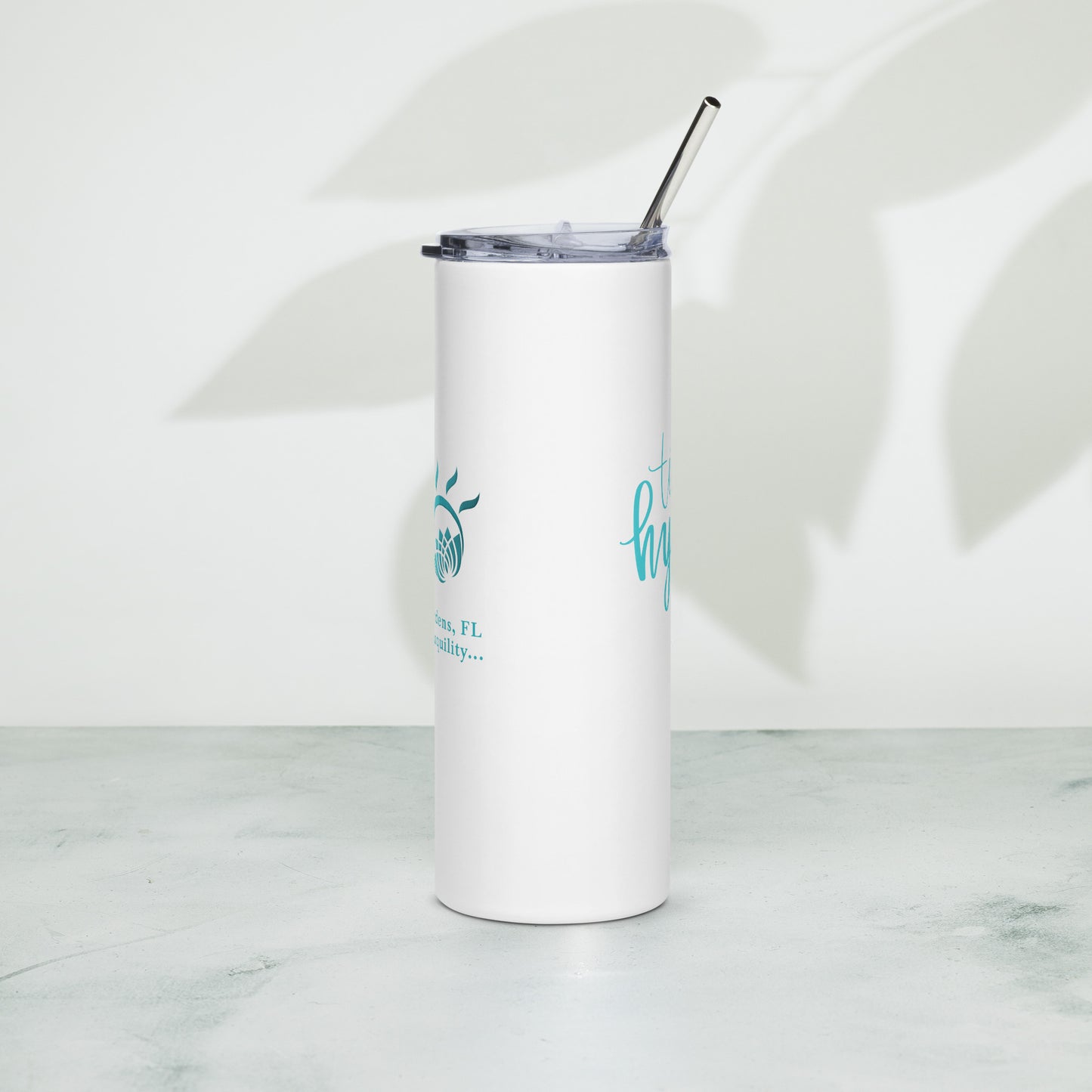White stainless steel tumbler with the Tranquil Radiance Spa logo on it with the words Palm Beach Gardens, FL - Experience Tranquility. On the other side it says "It's Time To Hydrate".