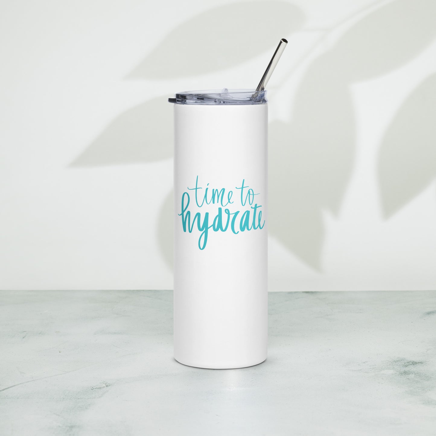 White stainless steel tumbler with the Tranquil Radiance Spa logo on it with the words Palm Beach Gardens, FL - Experience Tranquility. On the other side it says "It's Time To Hydrate".