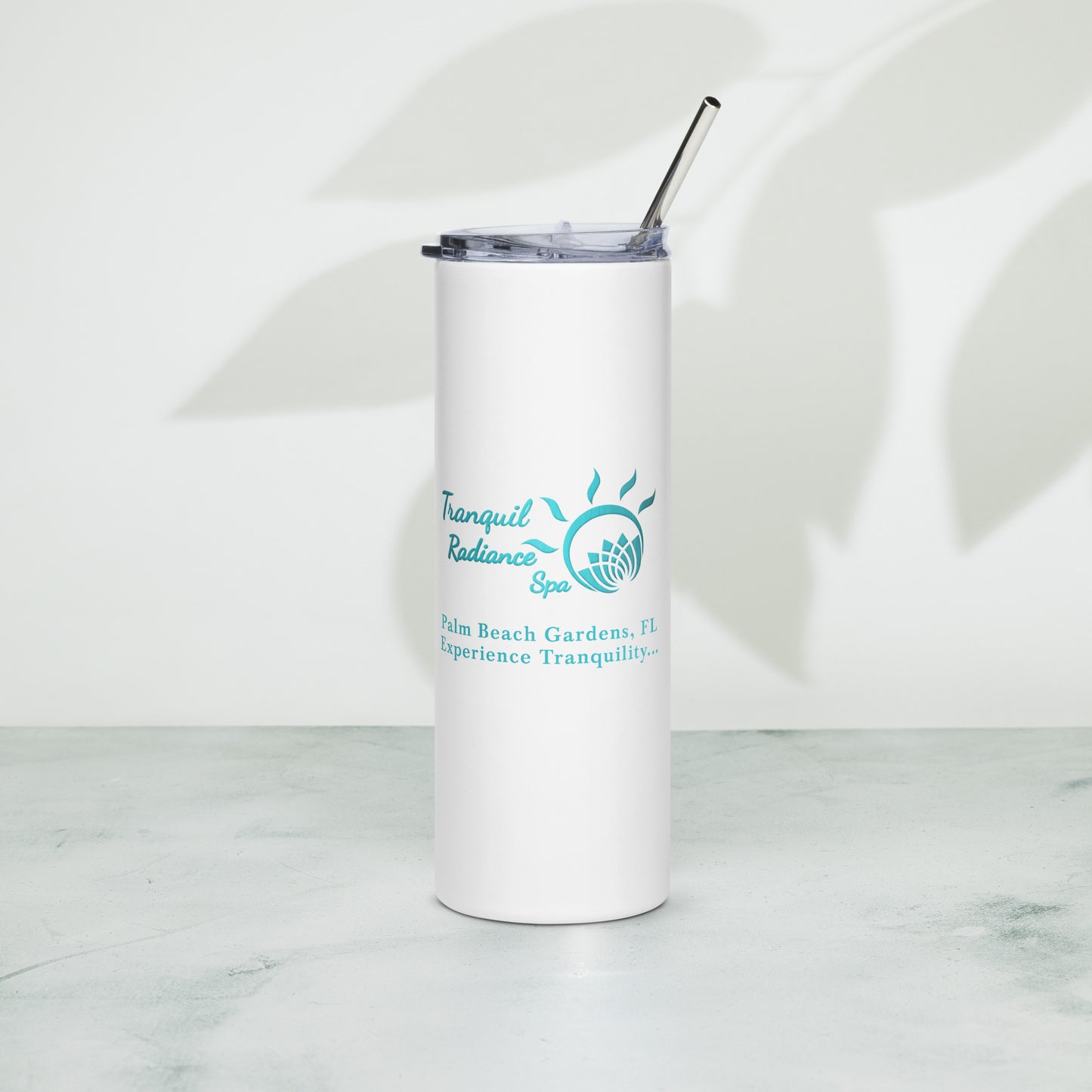 White stainless steel tumbler with the Tranquil Radiance Spa logo on it with the words Palm Beach Gardens, FL - Experience Tranquility. On the other side it says "It's Time To Hydrate".