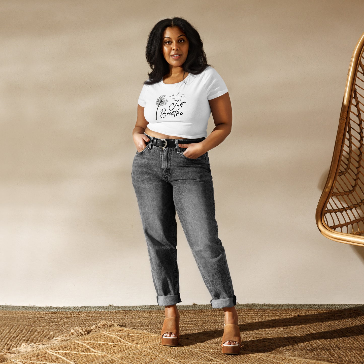 women's white crop top shirt with a dandelion that says just breathe