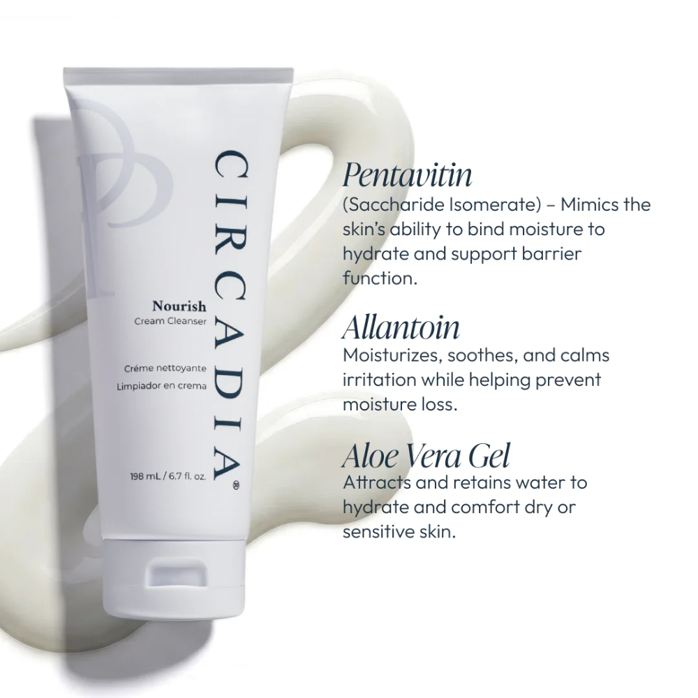 Circadia skincare product with text about Pentavitin, Allantoin, and Aloe Vera Gel on a white background