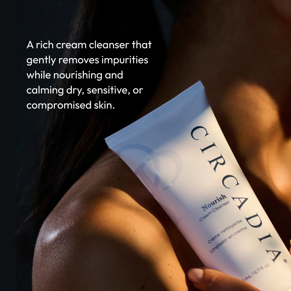 Circadia Nourish Cream Cleanser being held with text about its benefits.
